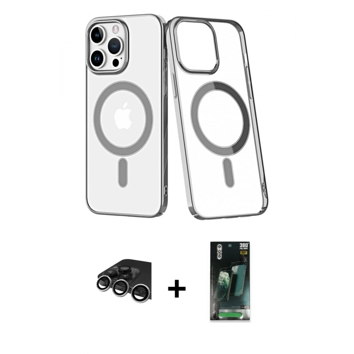 MARSİLYAN™- iPhone 14 Pro Max Kılıf Yörünge Minimal - Şeffaf 360 Full Body Arka Koruyucu + Raze Metal Kamera Lens - GS