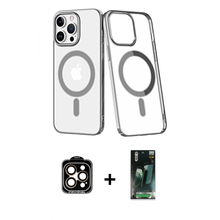 MARSİLYAN™- iPhone 14 Pro Max Kılıf Yörünge Minimal - Şeffaf 360 Full Body Arka Koruyucu + Turuncu PVD Metal Kamera Lens