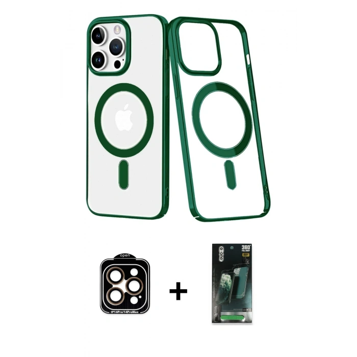 MARSİLYAN™- iPhone 14 Pro Max Kılıf Yörünge Minimal - Şeffaf 360 Full Body Arka Koruyucu + Turuncu PVD Metal Kamera Lens
