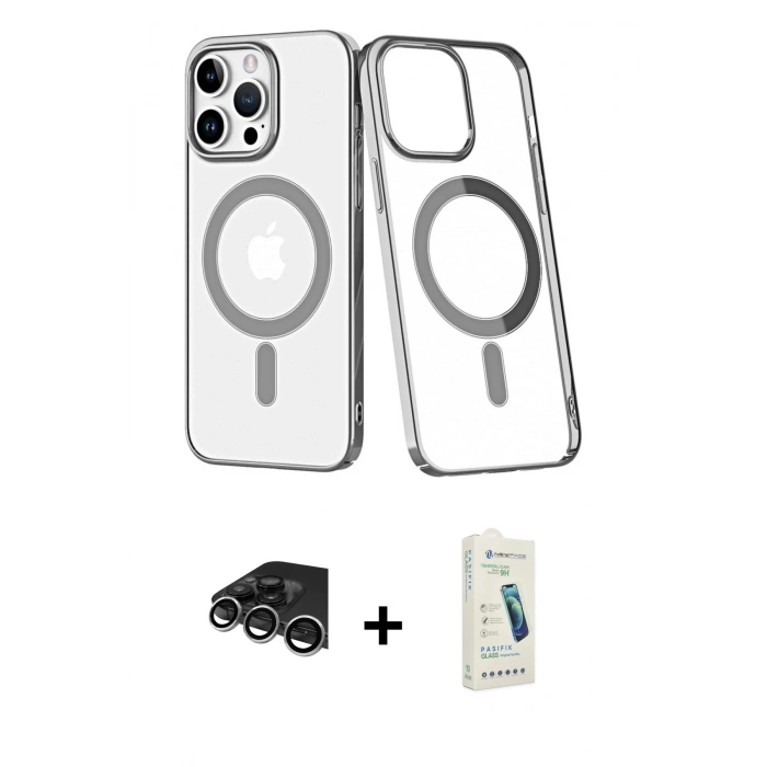 MARSİLYAN™- iPhone 14 Pro Max Kılıf Yörünge Minimal - Şeffaf Pasifik Cam Ekran Koruyucu + Raze Metal Kamera Lens - GS
