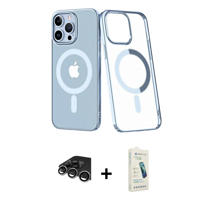 MARSİLYAN™- iPhone 14 Pro Max Kılıf Yörünge Minimal - Şeffaf Pasifik Cam Ekran Koruyucu + Raze Metal Kamera Lens - GS
