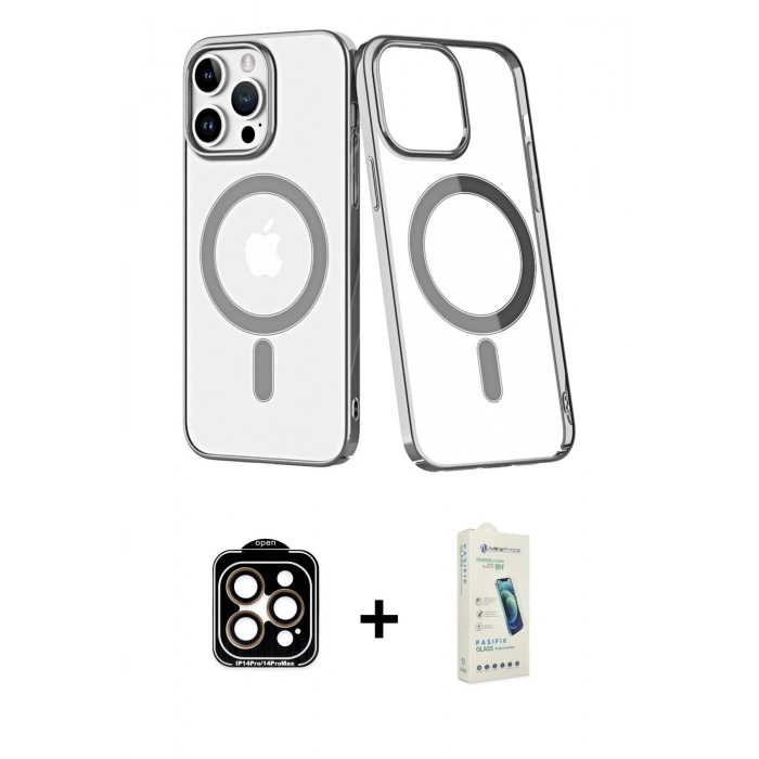MARSİLYAN™- iPhone 14 Pro Max Kılıf Yörünge Minimal - Şeffaf Pasifik Cam Ekran Koruyucu + PVD Metal Kamera Lens - TU