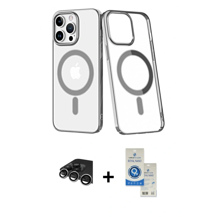 MARSİLYAN™- iPhone 14 Pro Max Kılıf Yörünge Minimal - Şeffaf Royal Nano Ekran Koruyucu + Raze Metal Kamera Lens - GS