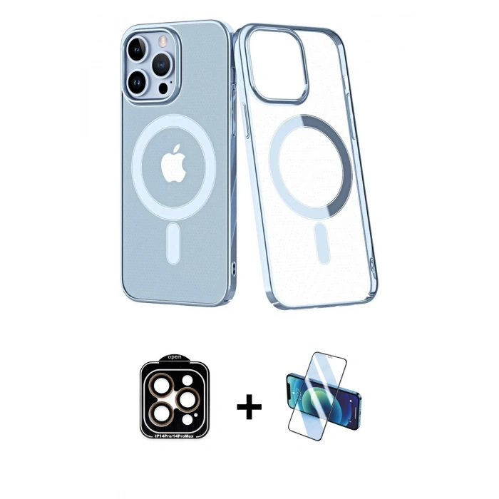 MARSİLYAN™- iPhone 14 Pro Max Kılıf Yörünge Minimal - Siyah 3D Antistatik Cam Ekran Koruyucu + PVD Metal Kamera Lens - TU