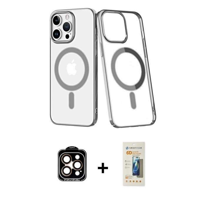 MARSİLYAN™- iPhone 14 Pro Max Kılıf Yörünge Minimal - Siyah 6D Mat Seramik Hayalet Nano Ekran Koruyucu + PVD Metal Kamera Lens - TU