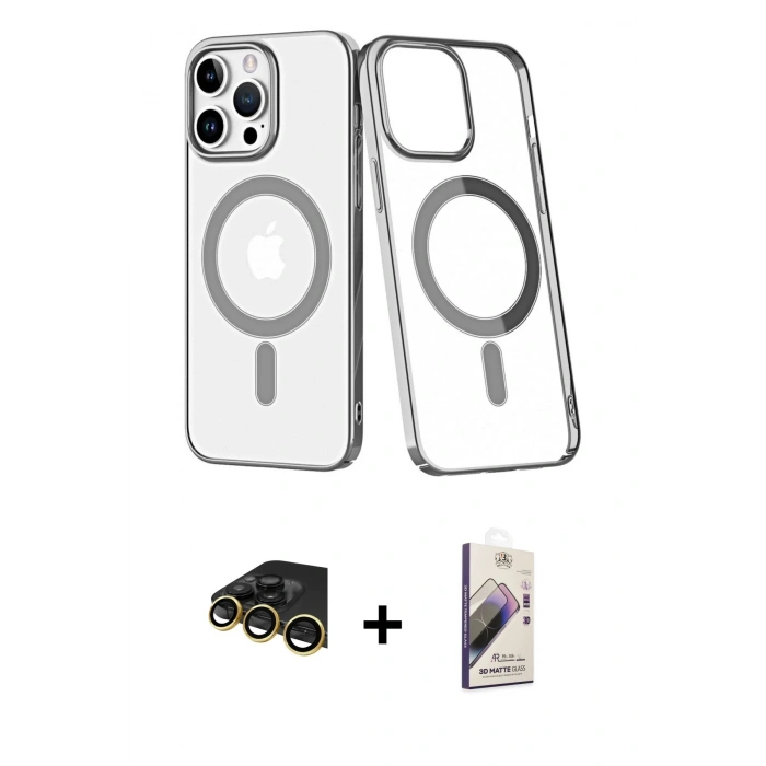 MARSİLYAN™- iPhone 14 Pro Max Kılıf Yörünge Minimal - Siyah Bilvis 3D Mat Cam Ekran Koruyucu + Raze Metal Kamera Lens - GD