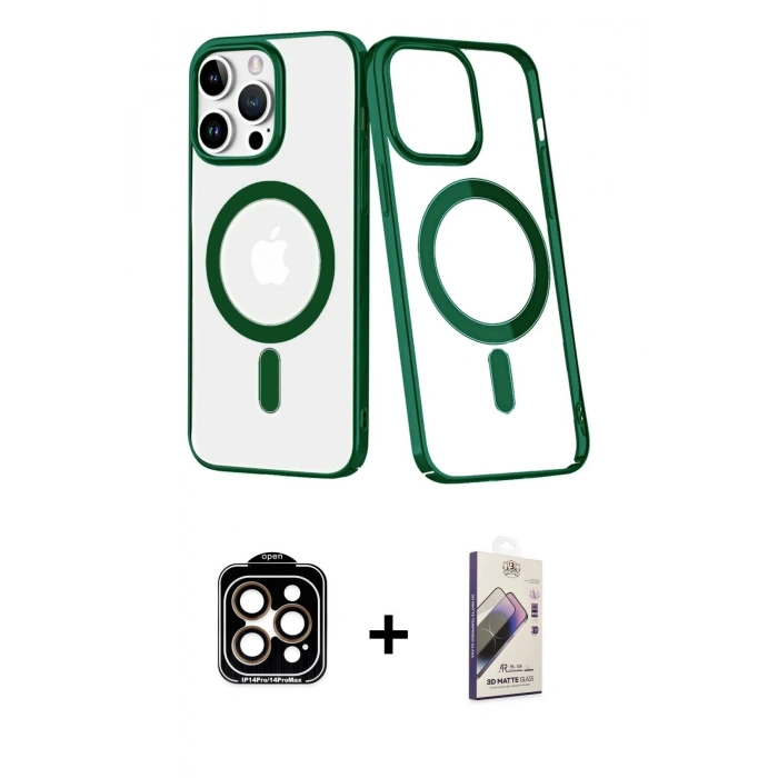 MARSİLYAN™- iPhone 14 Pro Max Kılıf Yörünge Minimal - Siyah Bilvis 3D Mat Cam Ekran Koruyucu + PVD Metal Kamera Lens - TU