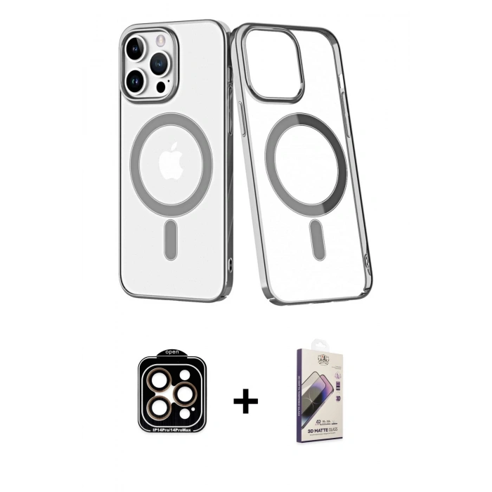 MARSİLYAN™- iPhone 14 Pro Max Kılıf Yörünge Minimal - Siyah Bilvis 3D Mat Cam Ekran Koruyucu + PVD Metal Kamera Lens - TU