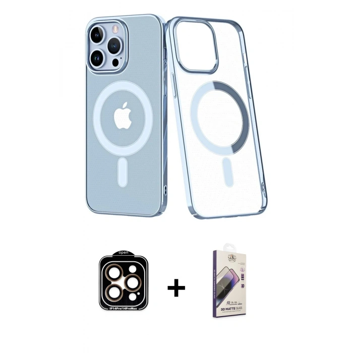 MARSİLYAN™- iPhone 14 Pro Max Kılıf Yörünge Minimal - Siyah Bilvis 3D Mat Cam Ekran Koruyucu + PVD Metal Kamera Lens - TU