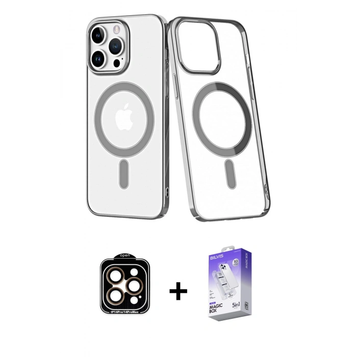 MARSİLYAN™- iPhone 14 Pro Max Kılıf Yörünge Minimal - Siyah Bilvis 5in1 3D Magic Cam Ekran Koruyucu + PVD Metal Kamera Lens - TU