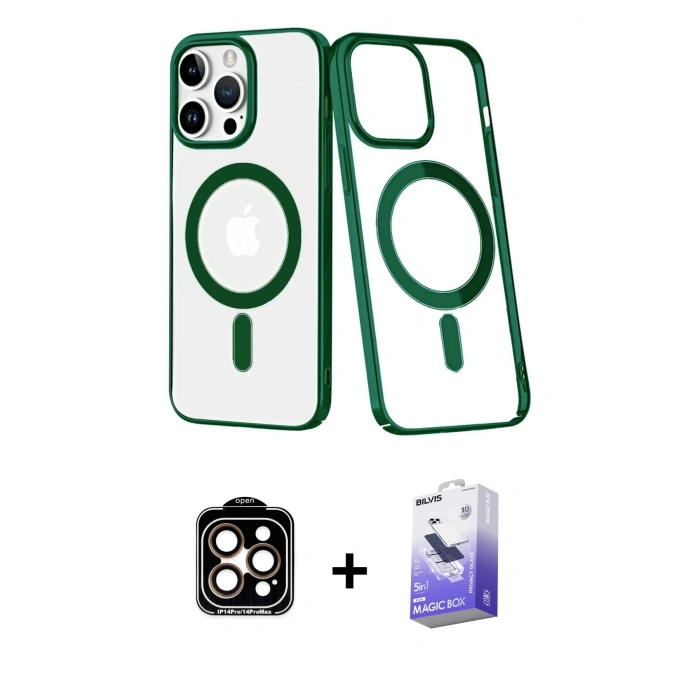 MARSİLYAN™- iPhone 14 Pro Max Kılıf Yörünge Minimal - Siyah Bilvis 5in1 5D Magic Hayalet Cam Ekran Koruyucu + PVD Metal Kamera Lens - TU