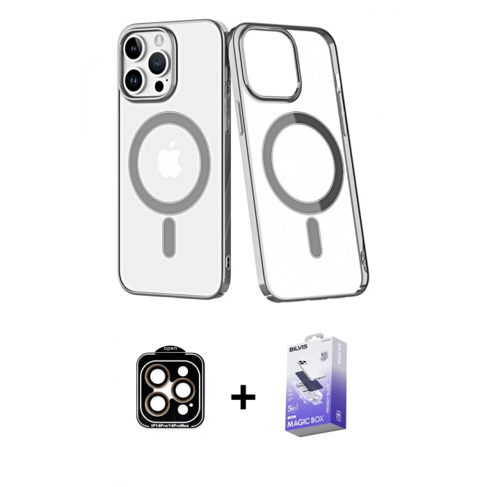 MARSİLYAN™- iPhone 14 Pro Max Kılıf Yörünge Minimal - Siyah Bilvis 5in1 5D Magic Hayalet Cam Ekran Koruyucu + PVD Metal Kamera Lens - TU