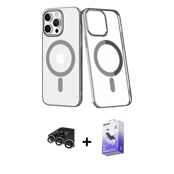 MARSİLYAN™- iPhone 14 Pro Max Kılıf Yörünge Minimal - Siyah Bilvis 5in1 5D Magic Hayalet Cam Ekran Koruyucu + Raze Metal Kamera Lens - GS