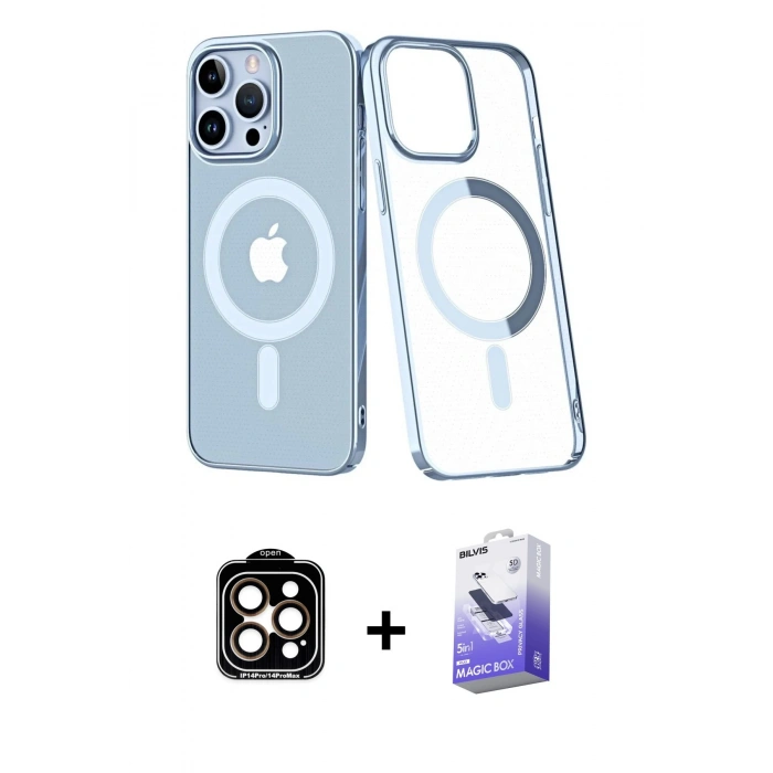 MARSİLYAN™- iPhone 14 Pro Max Kılıf Yörünge Minimal - Siyah Bilvis 5in1 5D Magic Hayalet Cam Ekran Koruyucu + PVD Metal Kamera Lens - TU