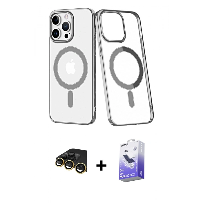 MARSİLYAN™- iPhone 14 Pro Max Kılıf Yörünge Minimal - Siyah Bilvis 5in1 5D Magic Hayalet Cam Ekran Koruyucu + Gold Raze Metal Kamera Lens