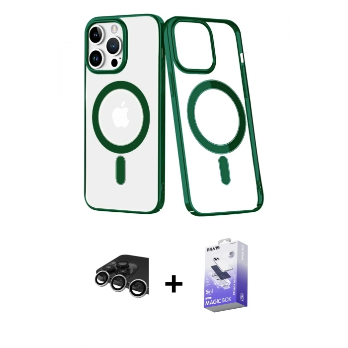 MARSİLYAN™- iPhone 14 Pro Max Kılıf Yörünge Minimal - Siyah Bilvis 5in1 5D Magic Hayalet Cam Ekran Koruyucu + Raze Metal Kamera Lens - GS