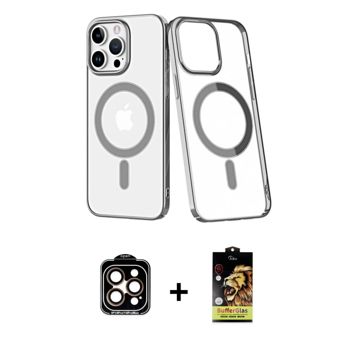 MARSİLYAN™- iPhone 14 Pro Max Kılıf Yörünge Minimal - Siyah Buffer Cam Ekran Koruyucu + PVD Metal Kamera Lens - TU