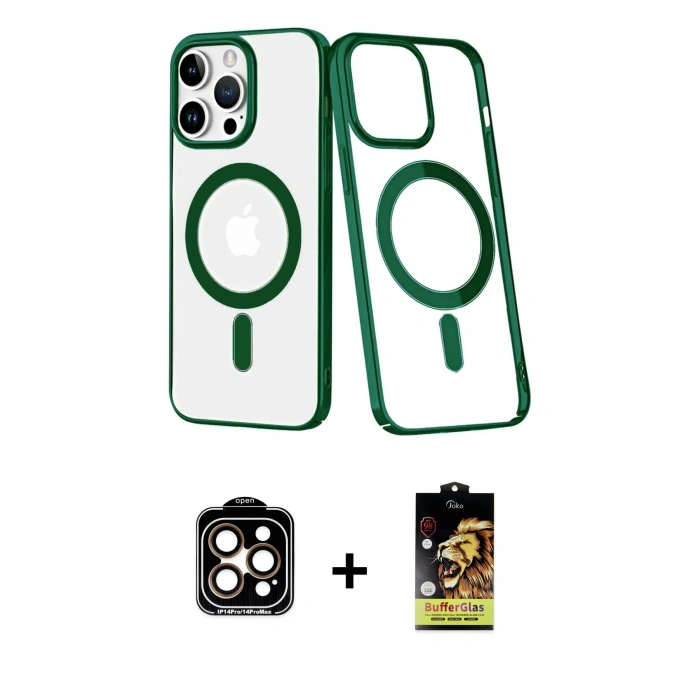 MARSİLYAN™- iPhone 14 Pro Max Kılıf Yörünge Minimal - Siyah Buffer Cam Ekran Koruyucu + PVD Metal Kamera Lens - TU