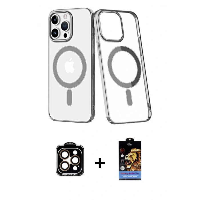 MARSİLYAN™- iPhone 14 Pro Max Kılıf Yörünge Minimal - Siyah Buffer Hayalet Cam Ekran Koruyucu + PVD Metal Kamera Lens - TU