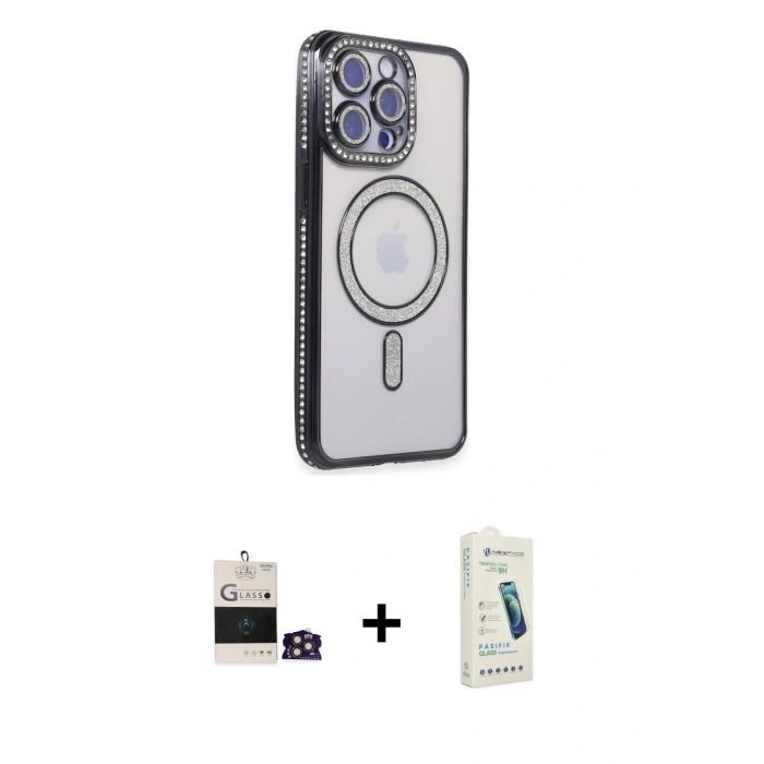 MARSİLYAN™- iPhone 14 Pro Max Kılıf Zirve Doku Prime - Şeffaf Pasifik Cam Ekran Koruyucu + Gold Bilvis Titan Kamera Lens