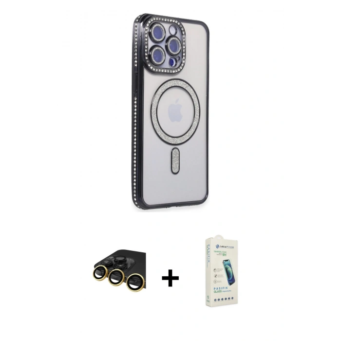 MARSİLYAN™- iPhone 14 Pro Max Kılıf Zirve Doku Prime - Şeffaf Pasifik Cam Ekran Koruyucu + Raze Metal Kamera Lens - GD