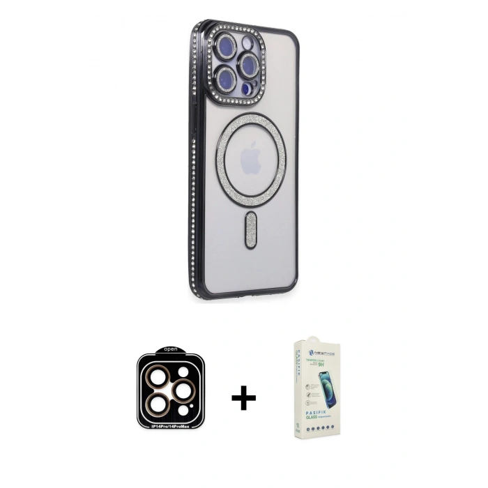 MARSİLYAN™- iPhone 14 Pro Max Kılıf Zirve Doku Prime - Şeffaf Pasifik Cam Ekran Koruyucu + PVD Metal Kamera Lens - TU