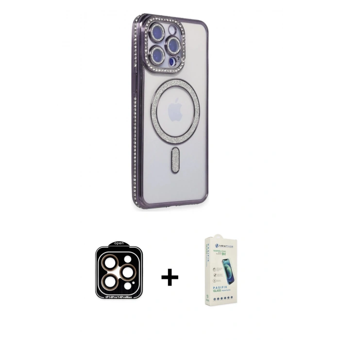 MARSİLYAN™- iPhone 14 Pro Max Kılıf Zirve Doku Prime - Şeffaf Pasifik Cam Ekran Koruyucu + PVD Metal Kamera Lens - TU
