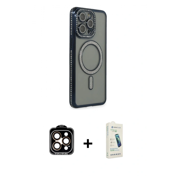 MARSİLYAN™- iPhone 14 Pro Max Kılıf Zirve Doku Prime - Şeffaf Pasifik Cam Ekran Koruyucu + PVD Metal Kamera Lens - TU