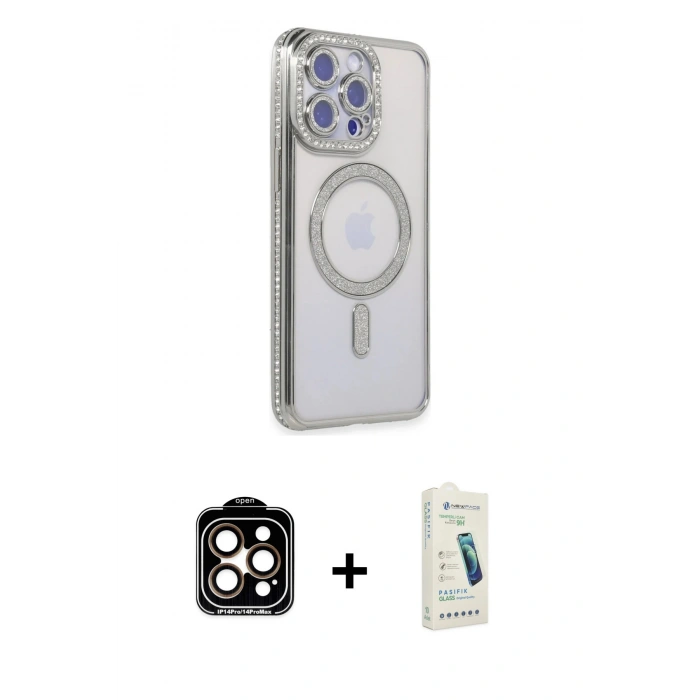 MARSİLYAN™- iPhone 14 Pro Max Kılıf Zirve Doku Prime - Şeffaf Pasifik Cam Ekran Koruyucu + PVD Metal Kamera Lens - TU