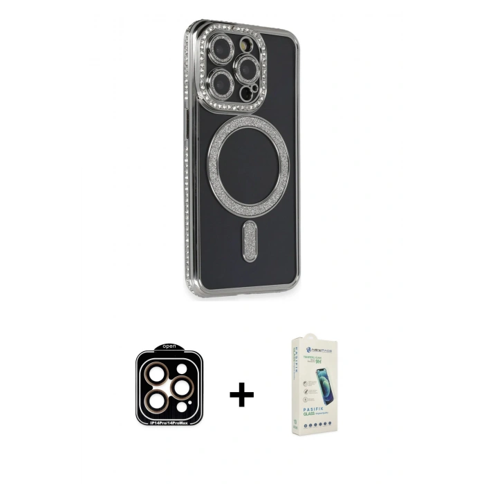 MARSİLYAN™- iPhone 14 Pro Max Kılıf Zirve Doku Prime - Şeffaf Pasifik Cam Ekran Koruyucu + PVD Metal Kamera Lens - TU