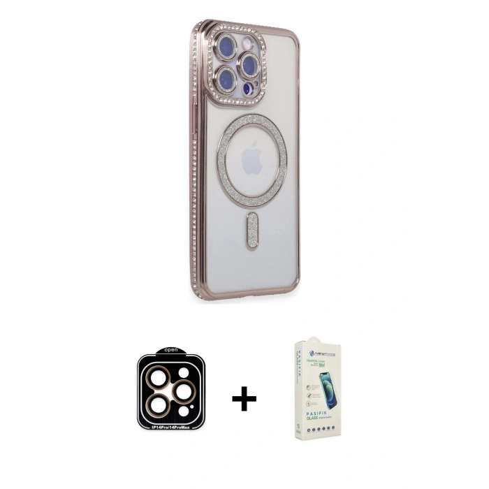 MARSİLYAN™- iPhone 14 Pro Max Kılıf Zirve Doku Prime - Şeffaf Pasifik Cam Ekran Koruyucu + PVD Metal Kamera Lens - TU