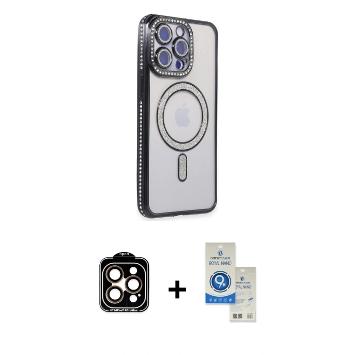 MARSİLYAN™- iPhone 14 Pro Max Kılıf Zirve Doku Prime - Şeffaf Royal Nano Ekran Koruyucu + PVD Metal Kamera Lens - TU