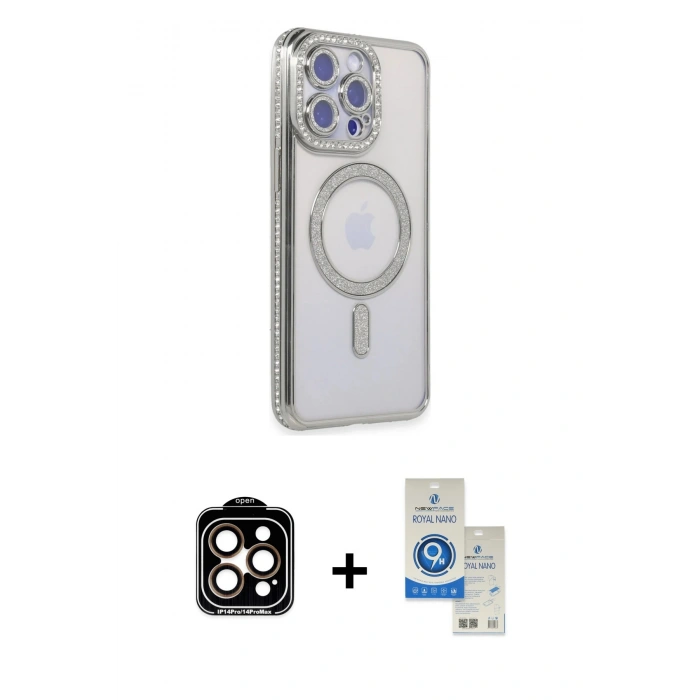 MARSİLYAN™- iPhone 14 Pro Max Kılıf Zirve Doku Prime - Şeffaf Royal Nano Ekran Koruyucu + PVD Metal Kamera Lens - TU