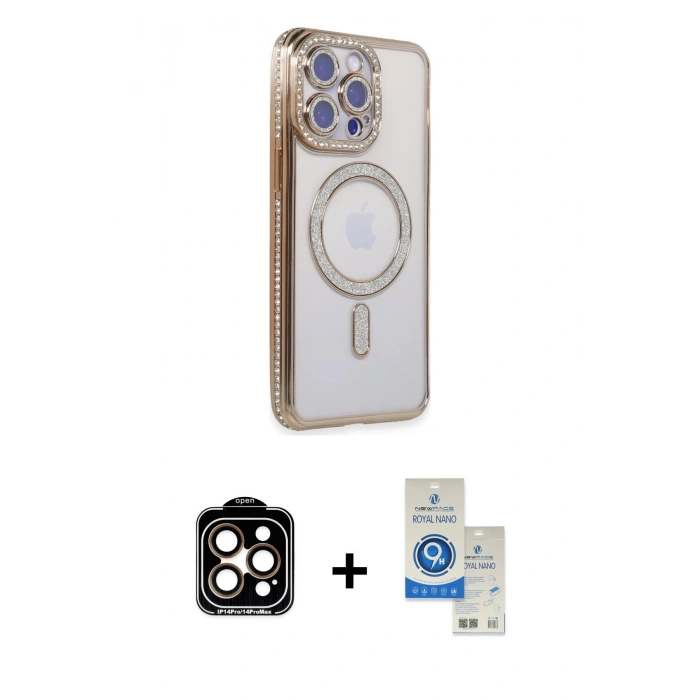 MARSİLYAN™- iPhone 14 Pro Max Kılıf Zirve Doku Prime - Şeffaf Royal Nano Ekran Koruyucu + PVD Metal Kamera Lens - TU