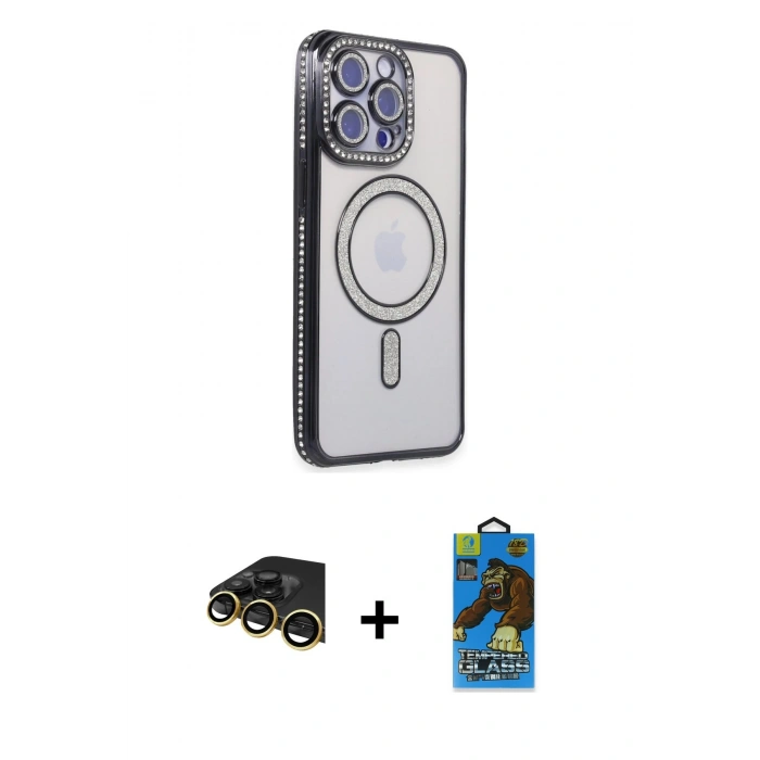 MARSİLYAN™- iPhone 14 Pro Max Kılıf Zirve Doku Prime - Siyah 18D Cam Ekran Koruyucu + Raze Metal Kamera Lens - GD