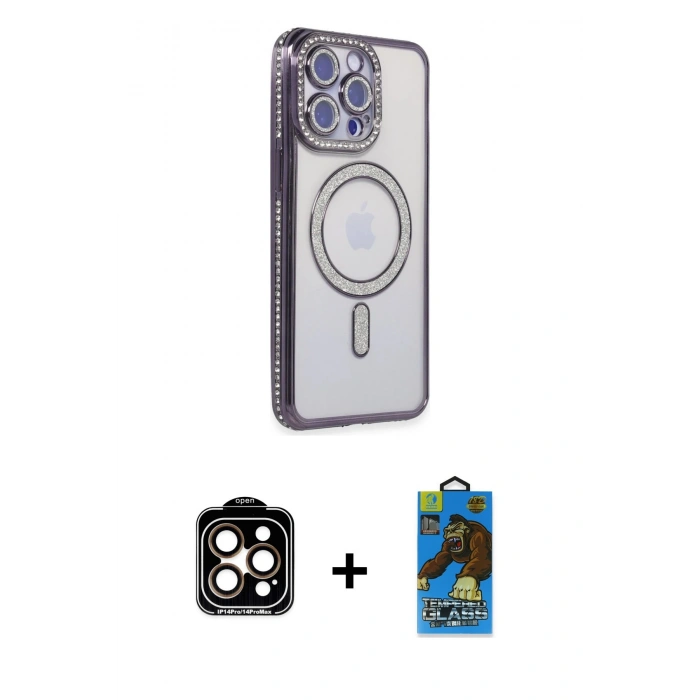 MARSİLYAN™- iPhone 14 Pro Max Kılıf Zirve Doku Prime - Siyah 18D Cam Ekran Koruyucu + PVD Metal Kamera Lens - TU