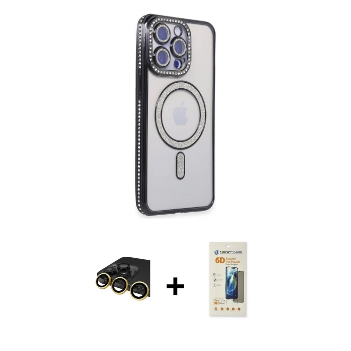 MARSİLYAN™- iPhone 14 Pro Max Kılıf Zirve Doku Prime - Siyah 6D Mat Seramik Hayalet Nano Ekran Koruyucu + Raze Metal Kamera Lens - GD