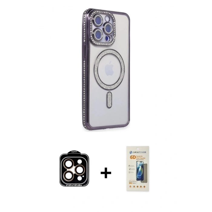 MARSİLYAN™- iPhone 14 Pro Max Kılıf Zirve Doku Prime - Siyah 6D Mat Seramik Hayalet Nano Ekran Koruyucu + PVD Metal Kamera Lens - TU