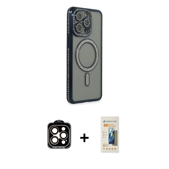 MARSİLYAN™- iPhone 14 Pro Max Kılıf Zirve Doku Prime - Siyah 6D Mat Seramik Hayalet Nano Ekran Koruyucu + PVD Metal Kamera Lens - TU