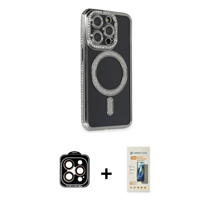 MARSİLYAN™- iPhone 14 Pro Max Kılıf Zirve Doku Prime - Siyah 6D Mat Seramik Hayalet Nano Ekran Koruyucu + PVD Metal Kamera Lens - TU
