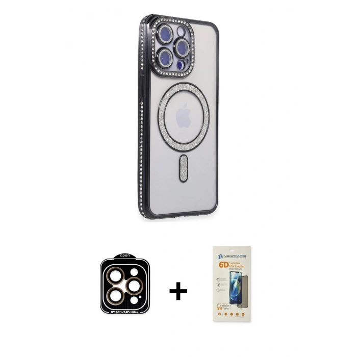 MARSİLYAN™- iPhone 14 Pro Max Kılıf Zirve Doku Prime - Siyah 6D Mat Seramik Hayalet Nano Ekran Koruyucu + PVD Metal Kamera Lens - TU