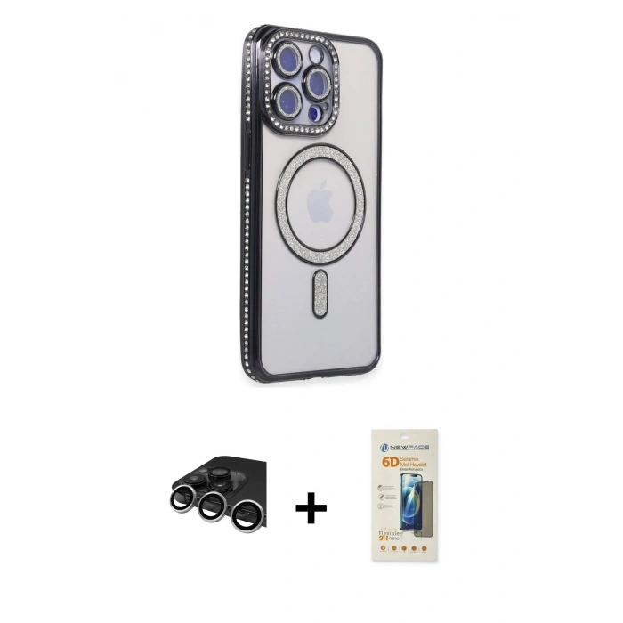 MARSİLYAN™- iPhone 14 Pro Max Kılıf Zirve Doku Prime - Siyah 6D Mat Seramik Hayalet Nano Ekran Koruyucu + Raze Metal Kamera Lens - GS