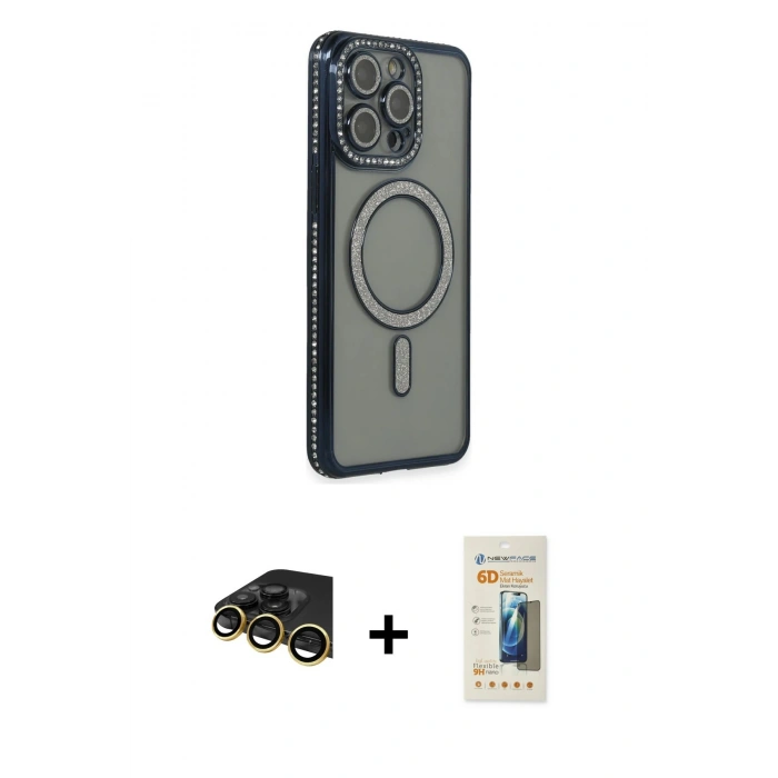 MARSİLYAN™- iPhone 14 Pro Max Kılıf Zirve Doku Prime - Siyah 6D Mat Seramik Hayalet Nano Ekran Koruyucu + Raze Metal Kamera Lens - GD