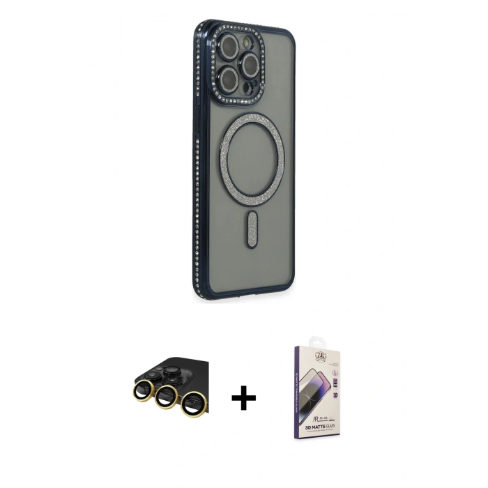 MARSİLYAN™- iPhone 14 Pro Max Kılıf Zirve Doku Prime - Siyah Bilvis 3D Mat Cam Ekran Koruyucu + Raze Metal Kamera Lens - GD
