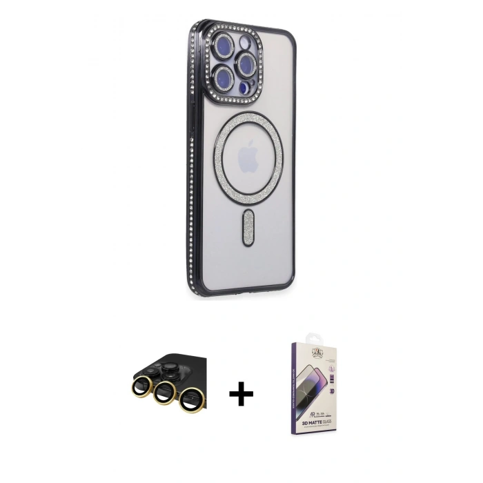 MARSİLYAN™- iPhone 14 Pro Max Kılıf Zirve Doku Prime - Siyah Bilvis 3D Mat Cam Ekran Koruyucu + Raze Metal Kamera Lens - GD