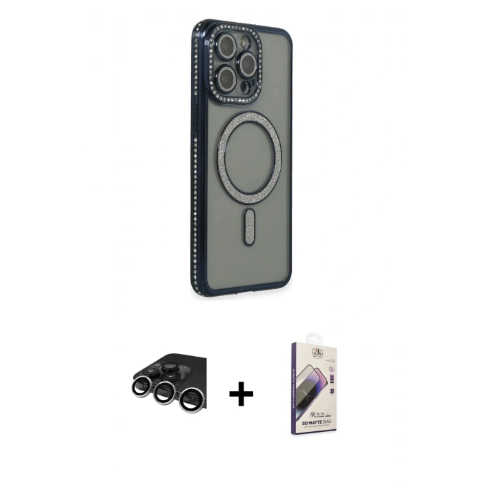 MARSİLYAN™- iPhone 14 Pro Max Kılıf Zirve Doku Prime - Siyah Bilvis 3D Mat Cam Ekran Koruyucu + Raze Metal Kamera Lens - GS