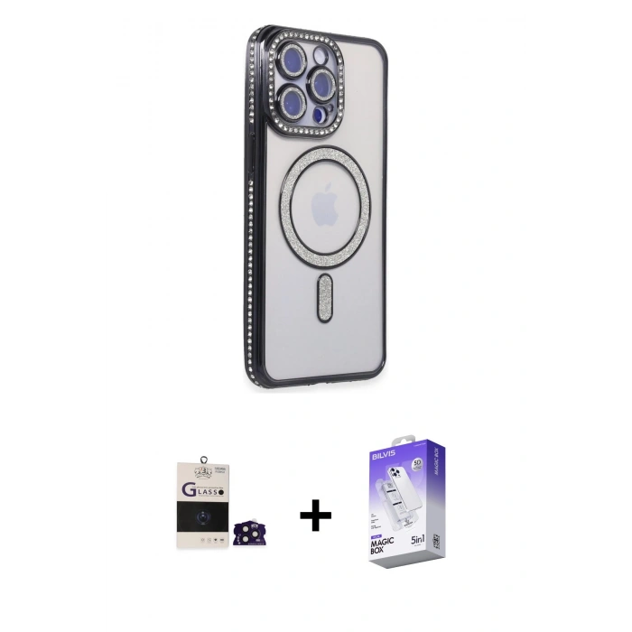 MARSİLYAN™- iPhone 14 Pro Max Kılıf Zirve Doku Prime - Siyah Bilvis 5in1 3D Magic Cam Ekran Koruyucu + Bilvis Titan Kamera Lens - DNMR