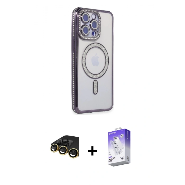 MARSİLYAN™- iPhone 14 Pro Max Kılıf Zirve Doku Prime - Siyah Bilvis 5in1 3D Magic Cam Ekran Koruyucu + Gold Raze Metal Kamera Lens