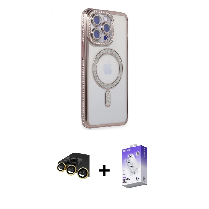 MARSİLYAN™- iPhone 14 Pro Max Kılıf Zirve Doku Prime - Siyah Bilvis 5in1 3D Magic Cam Ekran Koruyucu + Gold Raze Metal Kamera Lens
