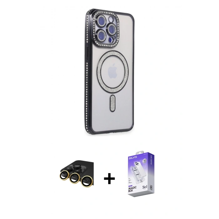 MARSİLYAN™- iPhone 14 Pro Max Kılıf Zirve Doku Prime - Siyah Bilvis 5in1 3D Magic Cam Ekran Koruyucu + Gold Raze Metal Kamera Lens
